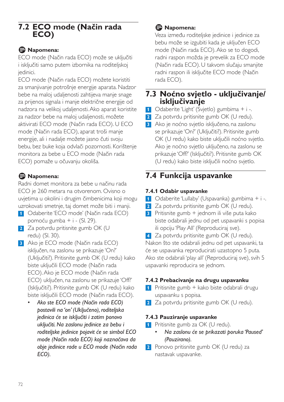 3 noćno svjetlo - uključivanje/ isključivanje, 4 funkcija uspavanke, 2 eco mode (način rada eco) | Philips SCD525 User Manual | Page 72 / 252