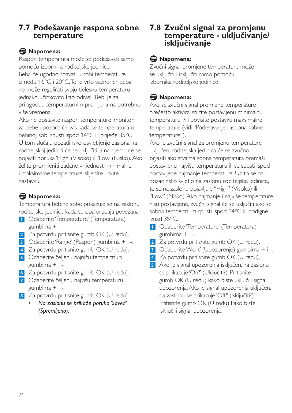 7 podešavanje raspona sobne temperature | Philips SCD525 User Manual | Page 74 / 252