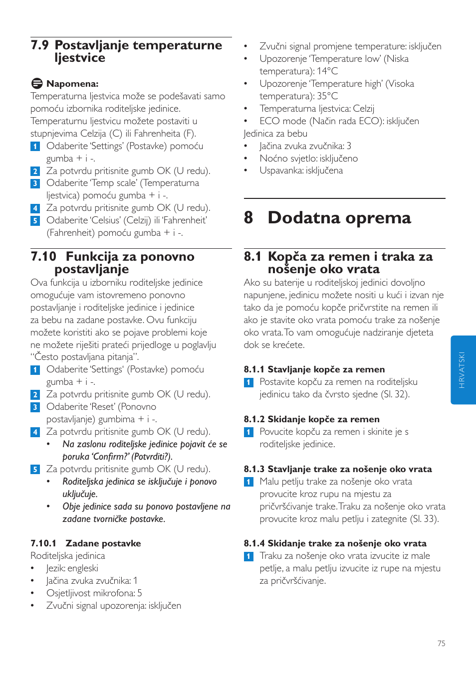 8 dodatna oprema, 1 kopča za remen i traka za nošenje oko vrata, 9 postavljanje temperaturne ljestvice | 10 funkcija za ponovno postavljanje | Philips SCD525 User Manual | Page 75 / 252