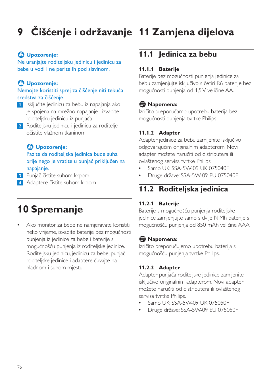 11 zamjena dijelova, 9 čišćenje i održavanje, 10 spremanje | 1 jedinica za bebu, 2 roditeljska jedinica | Philips SCD525 User Manual | Page 76 / 252