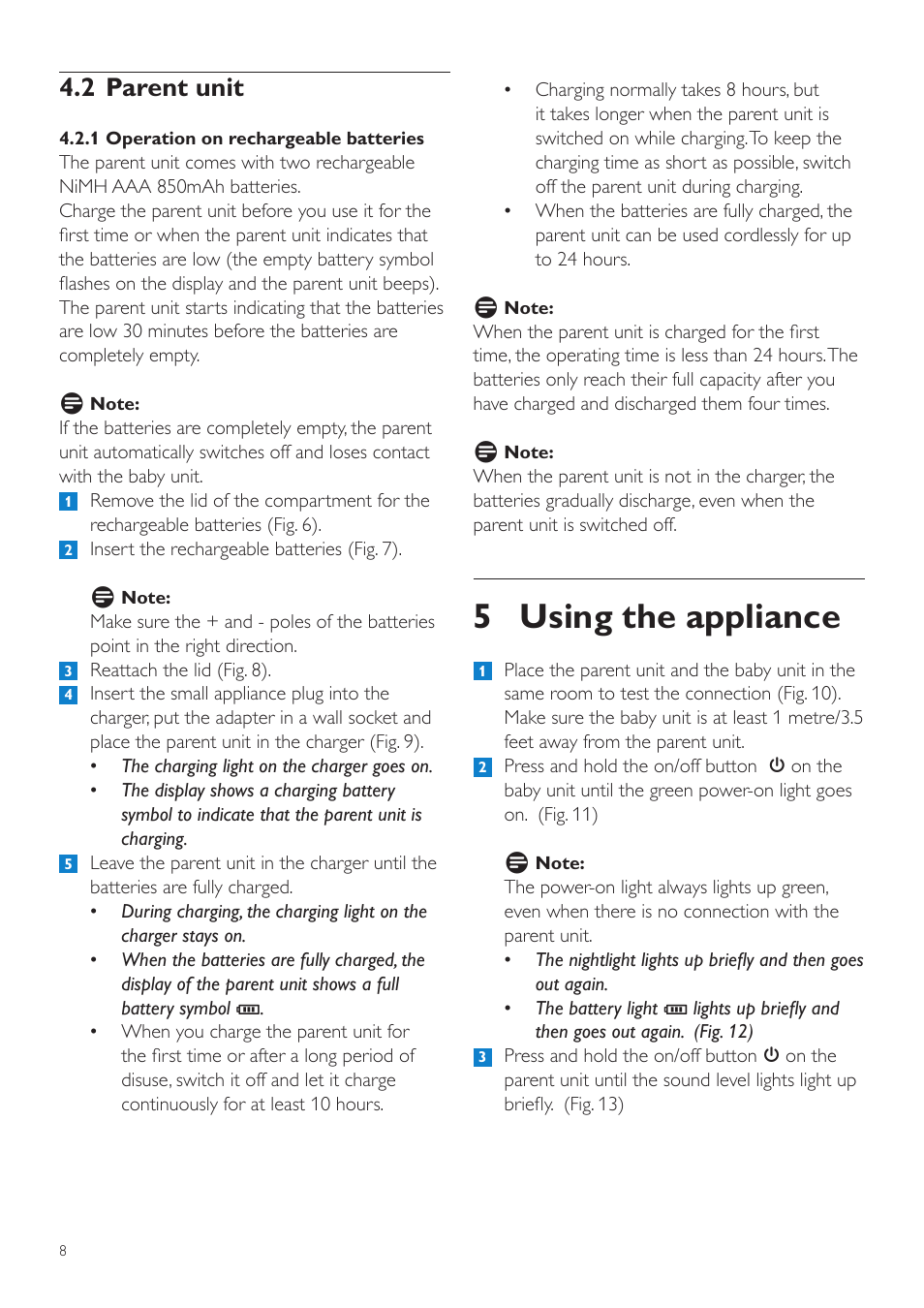 5 using the appliance, 2 parent unit | Philips SCD525 User Manual | Page 8 / 252