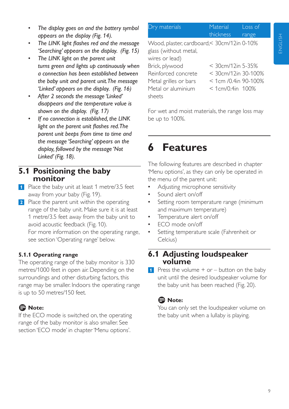6 features, 1 adjusting loudspeaker volume, 1 positioning the baby monitor | Philips SCD525 User Manual | Page 9 / 252