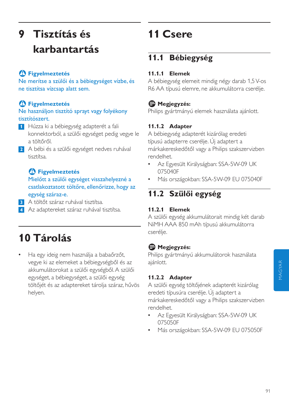 11 csere, 9 tisztítás és karbantartás, 10 tárolás | 1 bébiegység, 2 szülői egység | Philips SCD525 User Manual | Page 91 / 252