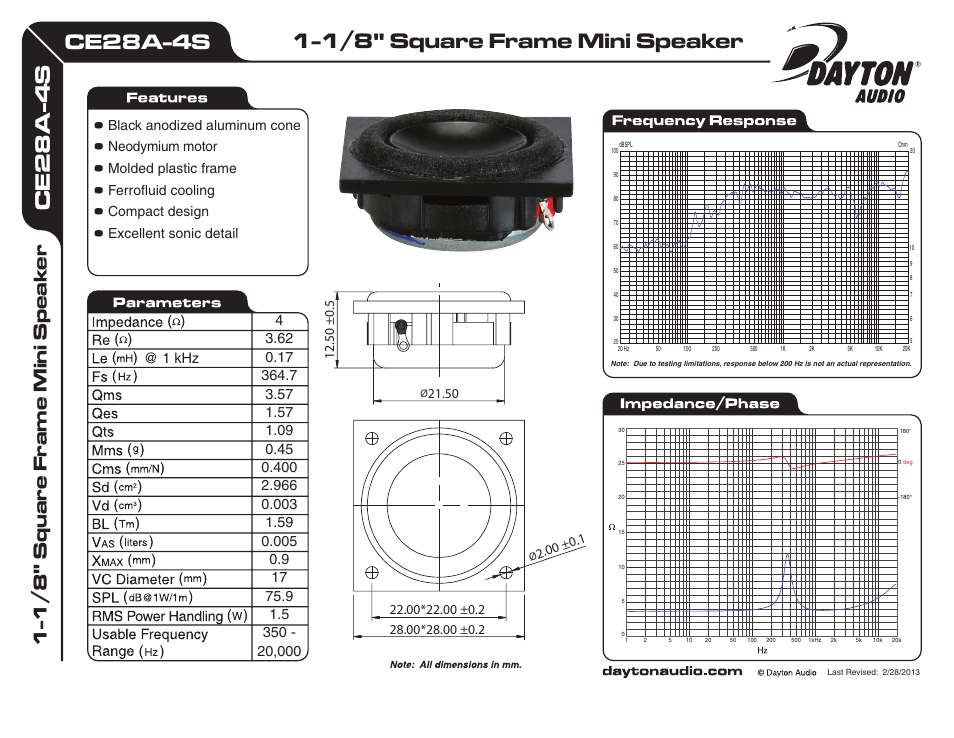 Dayton Audio CE28A-4S 1-1 User Manual | 1 page