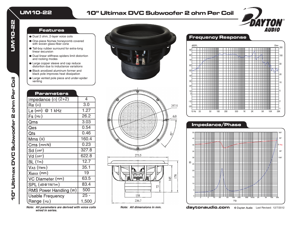 Dayton Audio UM10-22 10" Ultimax DVC Subwoofer 2 ohm Per Coil User Manual | 1 page