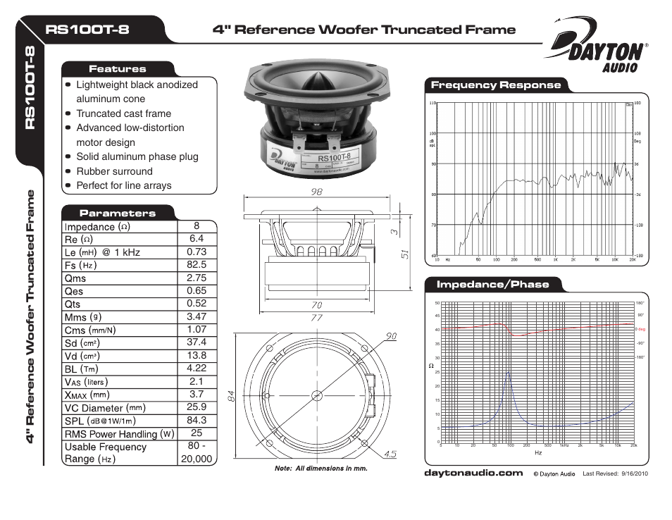 Dayton Audio RS100T-8 4" Reference Woofer Truncated Frame 8 Ohm User Manual | 1 page