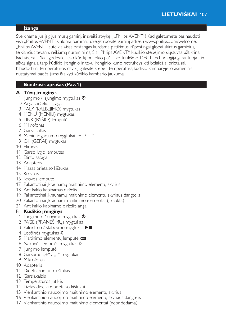 Lietuviškai, Įžanga, Bendrasis aprašas (pav. 1) | Philips SCD520 User Manual | Page 107 / 240