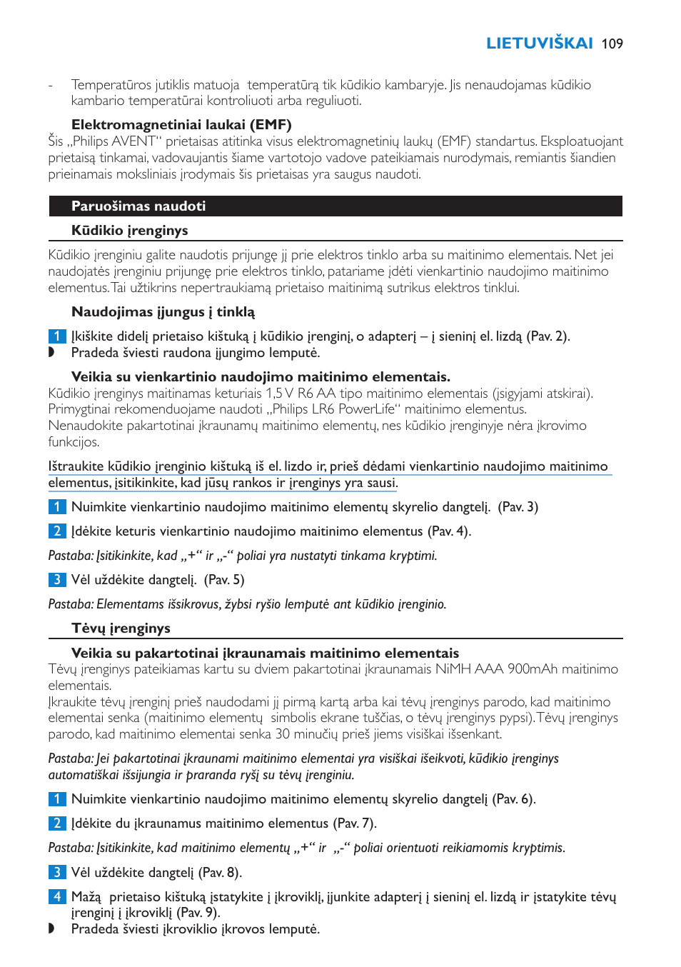 Elektromagnetiniai laukai (emf), Paruošimas naudoti, Kūdikio įrenginys | Naudojimas įjungus į tinklą, Tėvų įrenginys | Philips SCD520 User Manual | Page 109 / 240