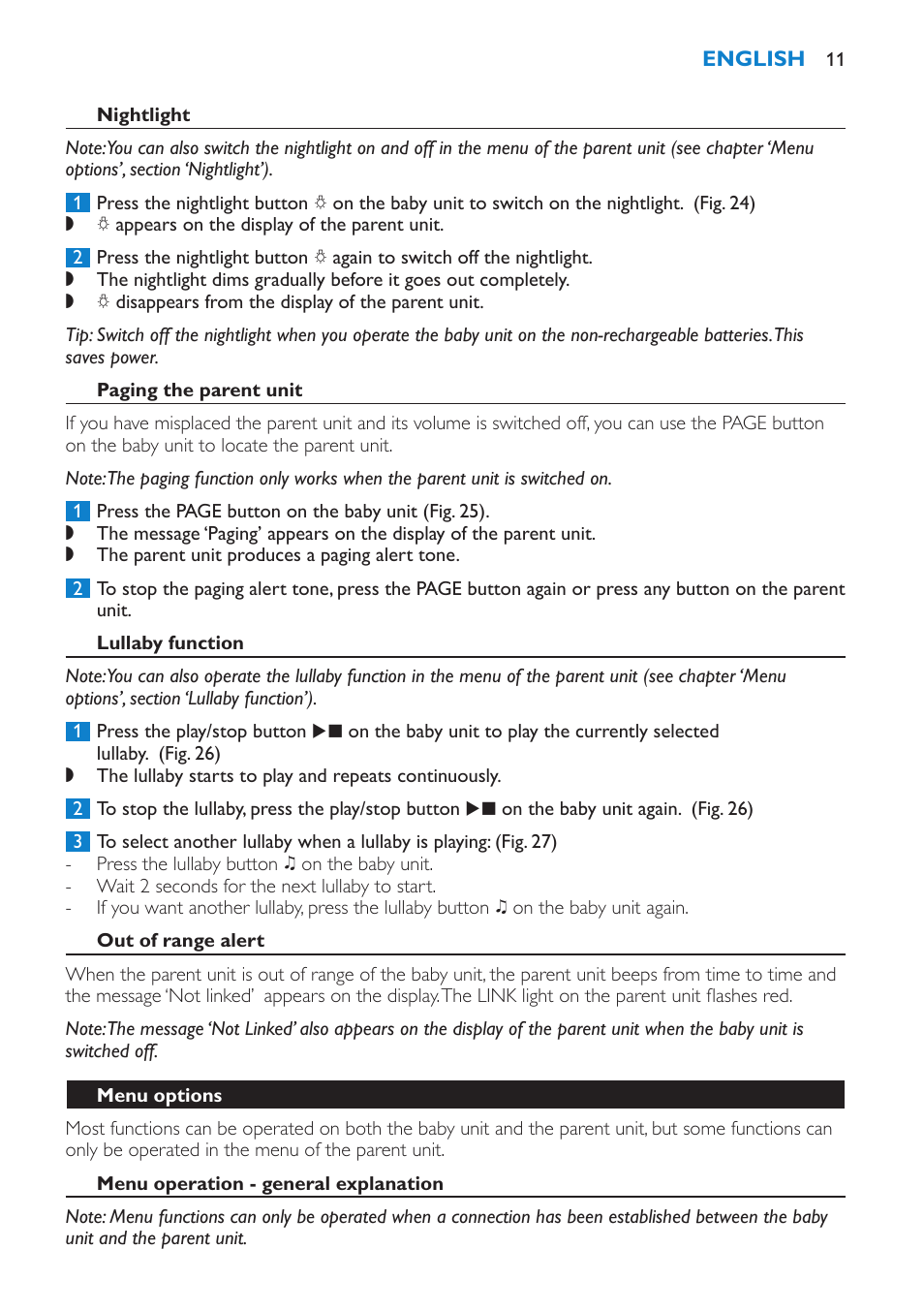 Nightlight, Paging the parent unit, Lullaby function | Out of range alert, Menu options, Menu operation - general explanation | Philips SCD520 User Manual | Page 11 / 240