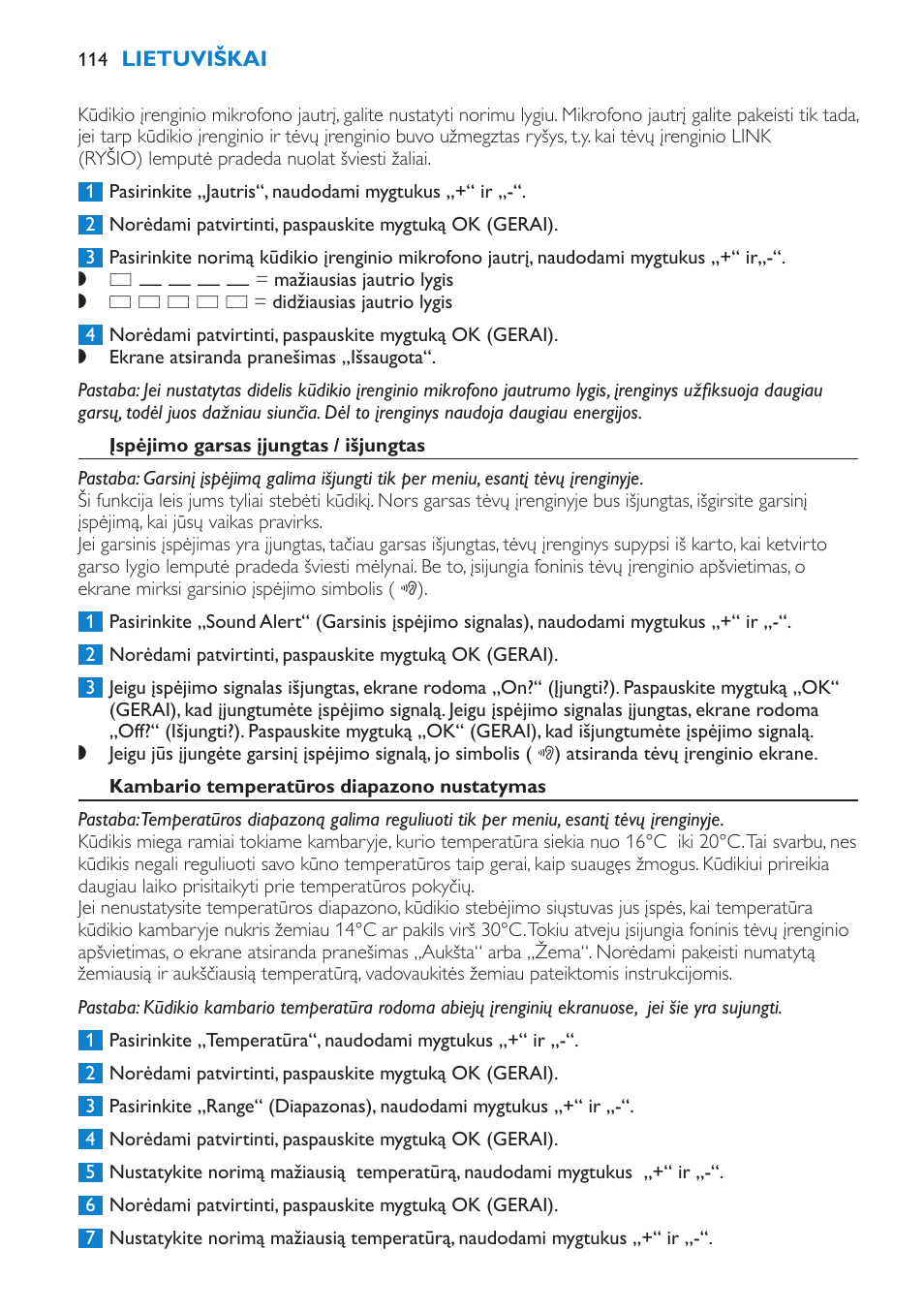 Įspėjimo garsas įjungtas / išjungtas, Kambario temperatūros diapazono nustatymas | Philips SCD520 User Manual | Page 114 / 240