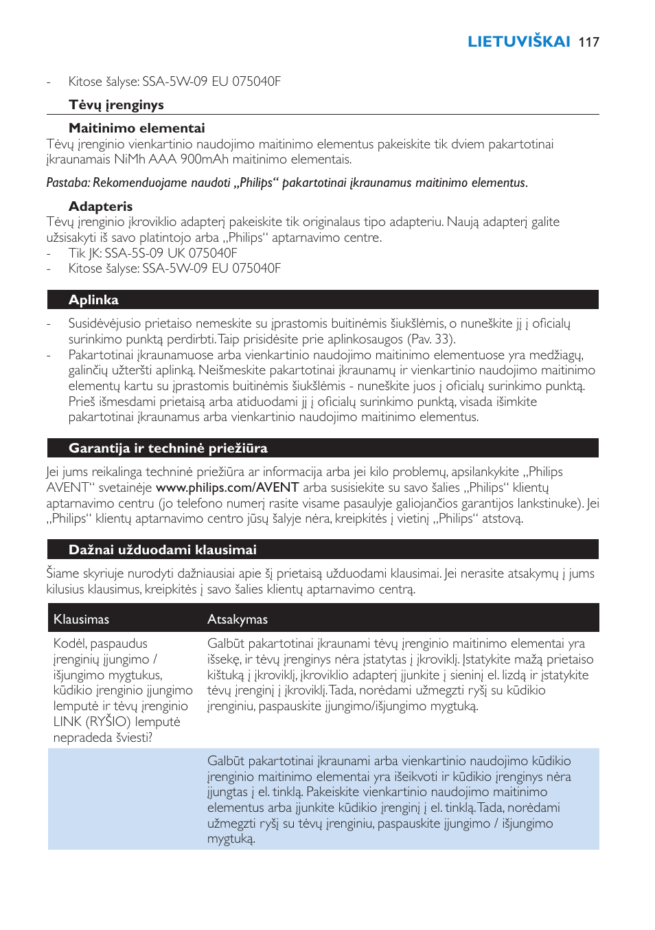 Tėvų įrenginys, Maitinimo elementai, Adapteris | Aplinka, Garantija ir techninė priežiūra, Dažnai užduodami klausimai | Philips SCD520 User Manual | Page 117 / 240