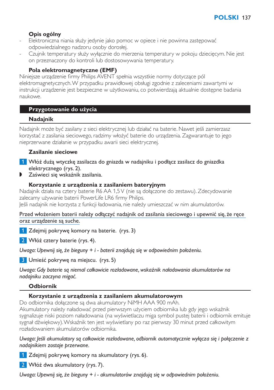 Opis ogólny, Pola elektromagnetyczne (emf), Przygotowanie do użycia | Nadajnik, Zasilanie sieciowe, Korzystanie z urządzenia z zasilaniem bateryjnym, Odbiornik | Philips SCD520 User Manual | Page 137 / 240