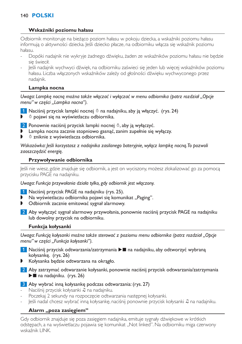 Wskaźniki poziomu hałasu, Lampka nocna, Przywoływanie odbiornika | Funkcja kołysanki, Alarm „poza zasięgiem | Philips SCD520 User Manual | Page 140 / 240