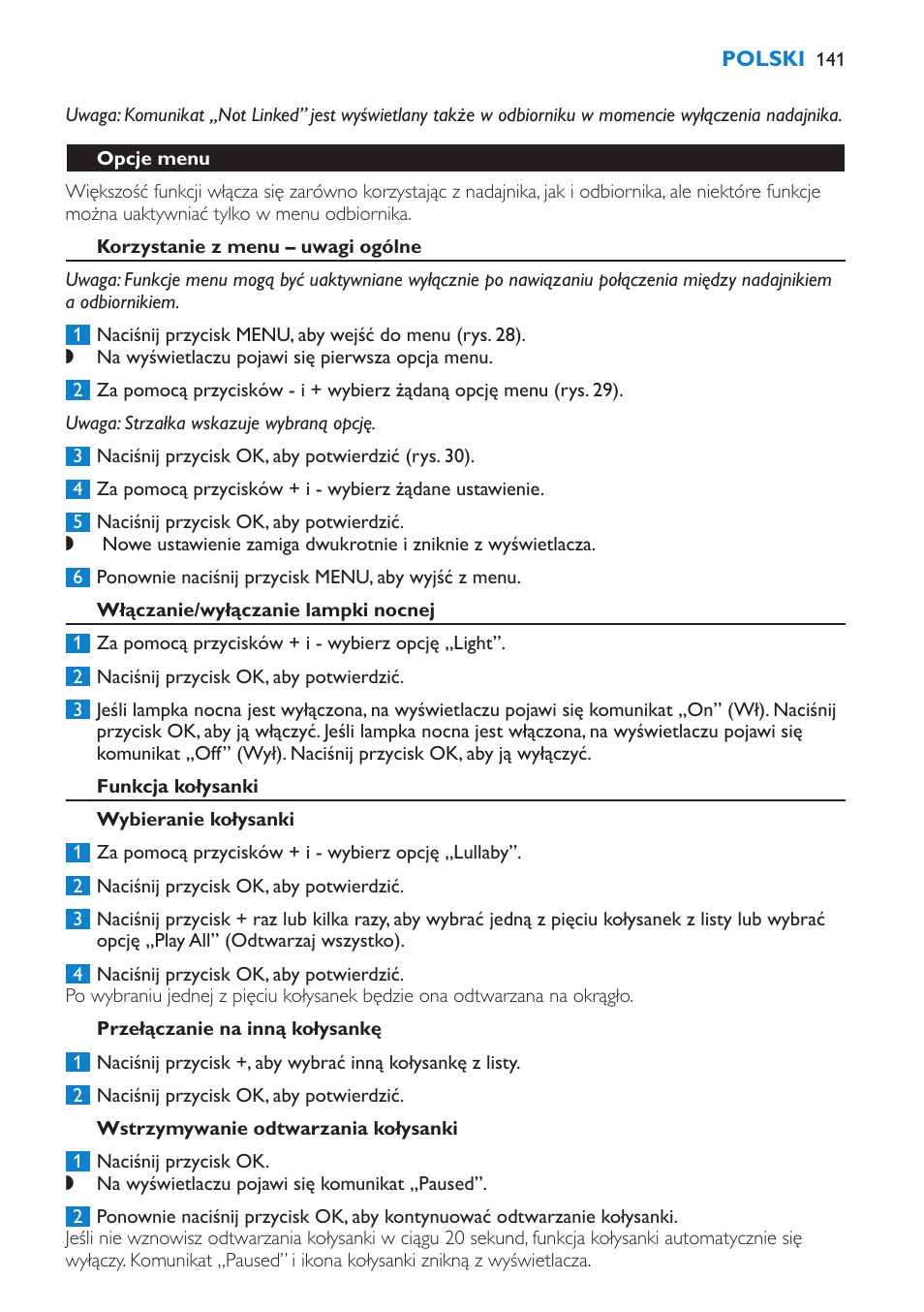 Opcje menu, Korzystanie z menu – uwagi ogólne, Włączanie/wyłączanie lampki nocnej | Funkcja kołysanki, Wybieranie kołysanki, Przełączanie na inną kołysankę, Wstrzymywanie odtwarzania kołysanki | Philips SCD520 User Manual | Page 141 / 240