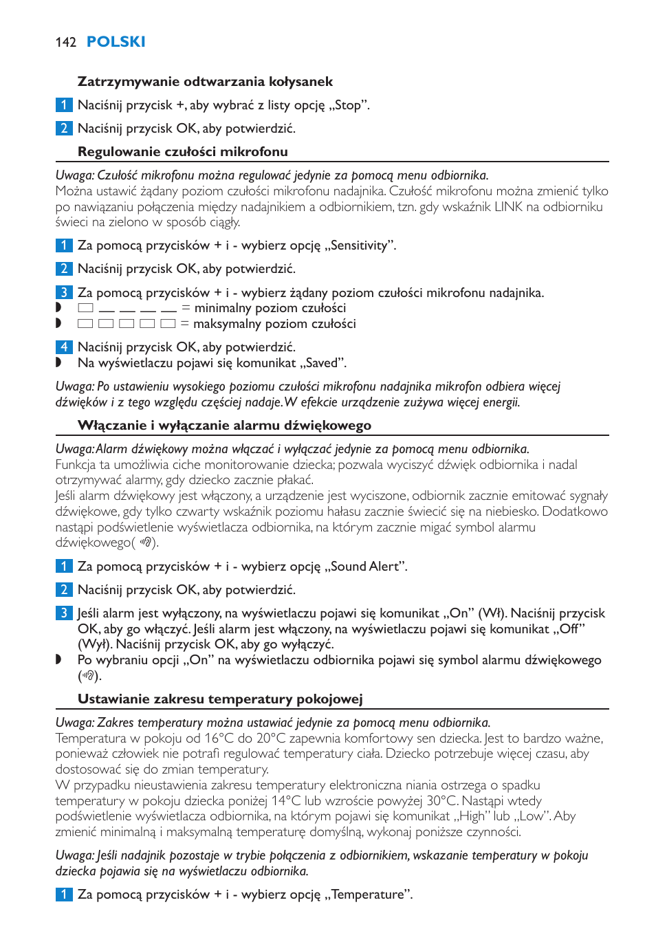 Zatrzymywanie odtwarzania kołysanek, Regulowanie czułości mikrofonu, Włączanie i wyłączanie alarmu dźwiękowego | Ustawianie zakresu temperatury pokojowej | Philips SCD520 User Manual | Page 142 / 240