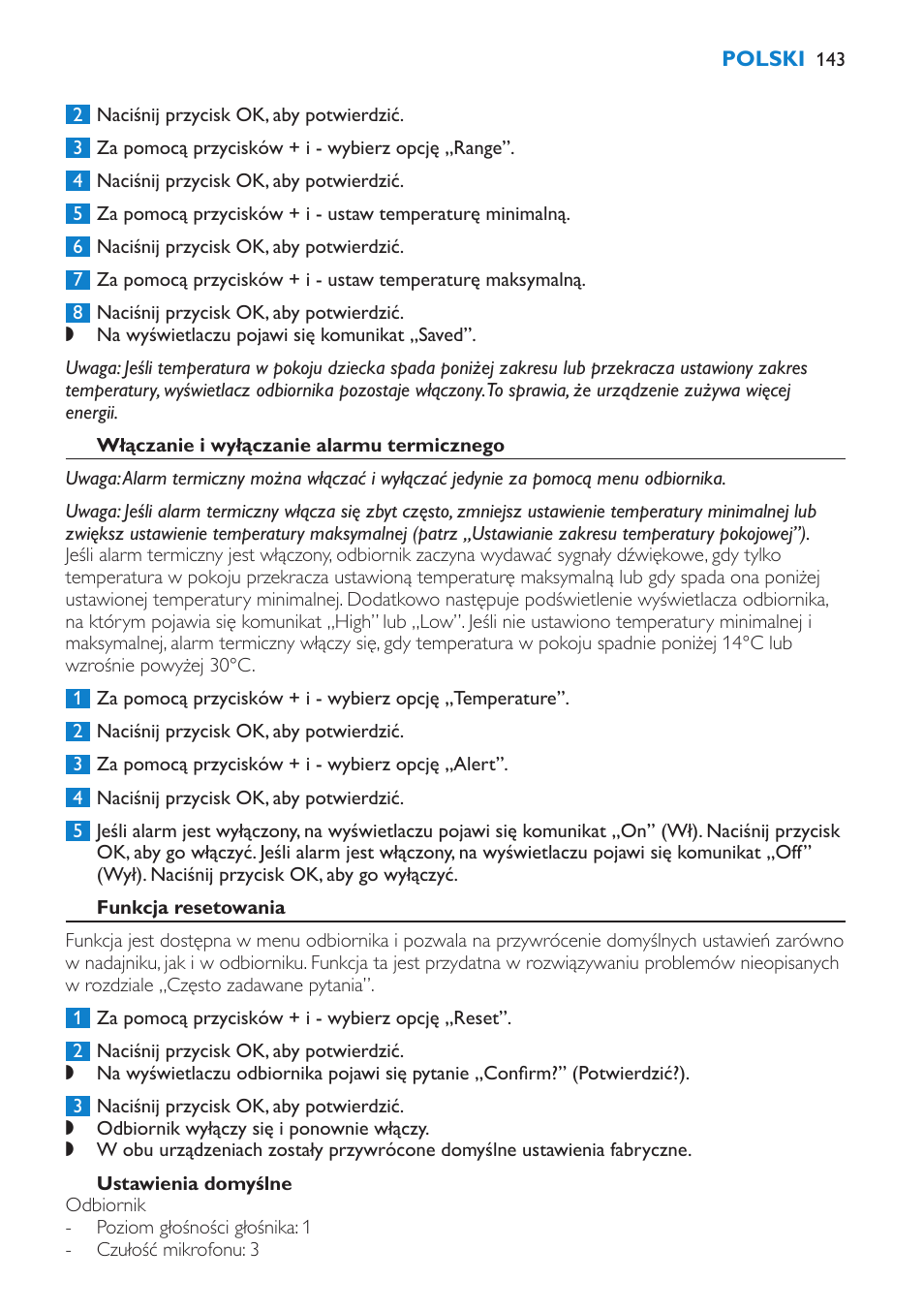 Włączanie i wyłączanie alarmu termicznego, Funkcja resetowania, Ustawienia domyślne | Philips SCD520 User Manual | Page 143 / 240