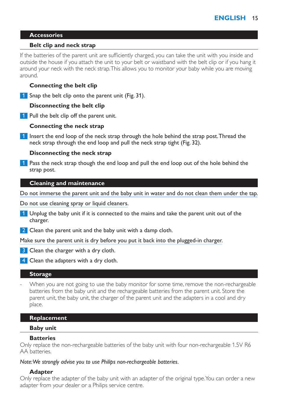 Accessories, Belt clip and neck strap, Connecting the belt clip | Disconnecting the belt clip, Connecting the neck strap, Disconnecting the neck strap, Cleaning and maintenance, Storage, Replacement, Baby unit | Philips SCD520 User Manual | Page 15 / 240