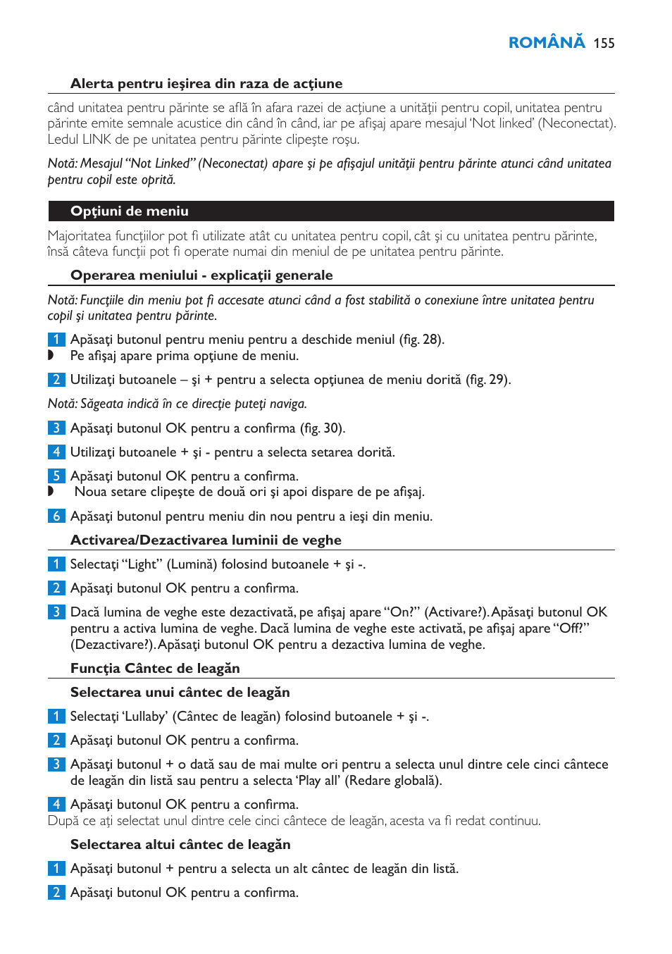 Alerta pentru ieşirea din raza de acţiune, Opţiuni de meniu, Operarea meniului - explicaţii generale | Activarea/dezactivarea luminii de veghe, Funcţia cântec de leagăn, Selectarea unui cântec de leagăn, Selectarea altui cântec de leagăn | Philips SCD520 User Manual | Page 155 / 240