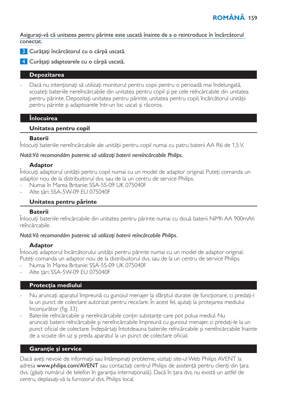 Depozitarea, Înlocuirea, Unitatea pentru copil | Baterii, Adaptor, Unitatea pentru părinte, Protecţia mediului, Garanţie şi service | Philips SCD520 User Manual | Page 159 / 240