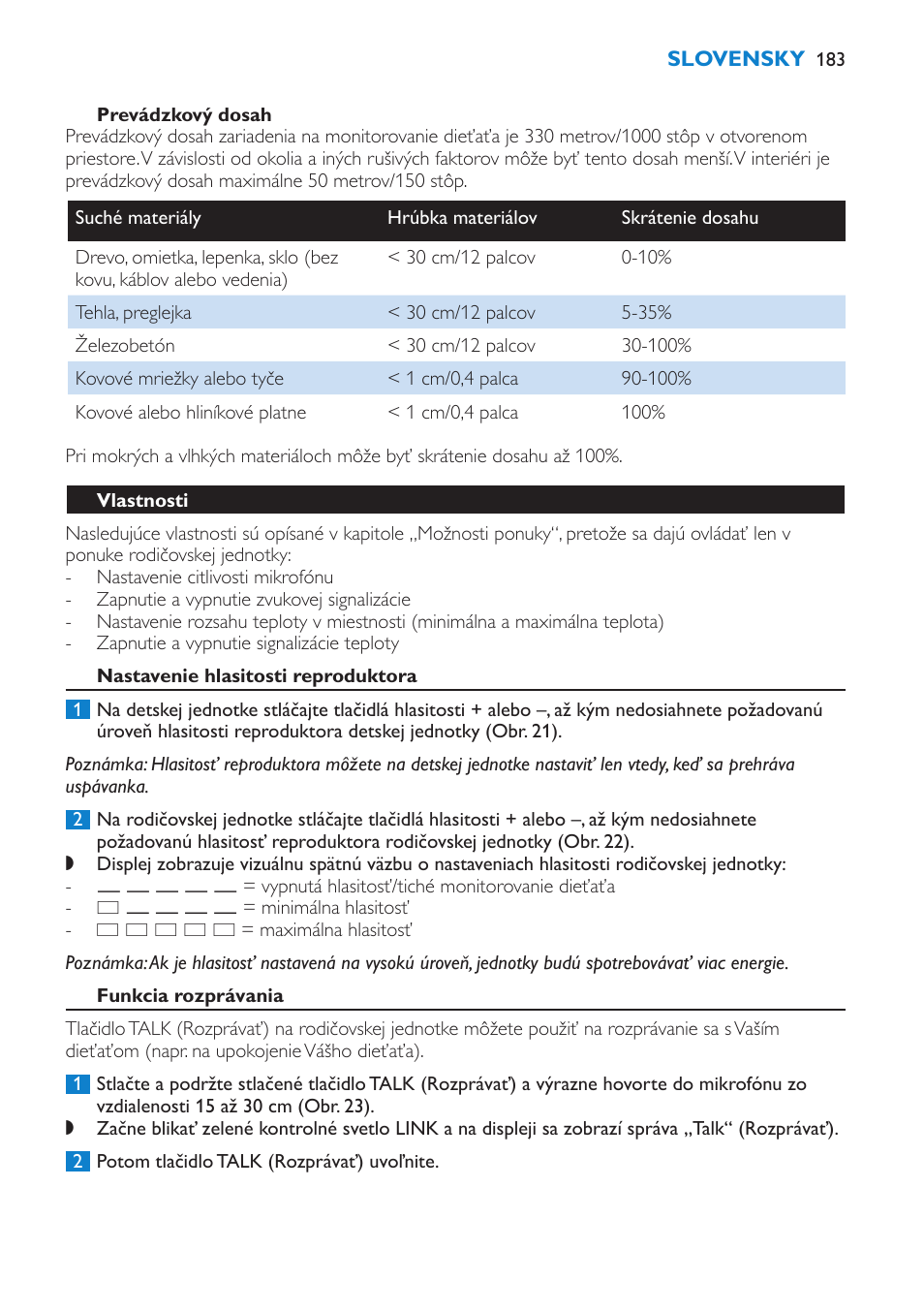 Prevádzkový dosah, Vlastnosti, Nastavenie hlasitosti reproduktora | Funkcia rozprávania | Philips SCD520 User Manual | Page 183 / 240