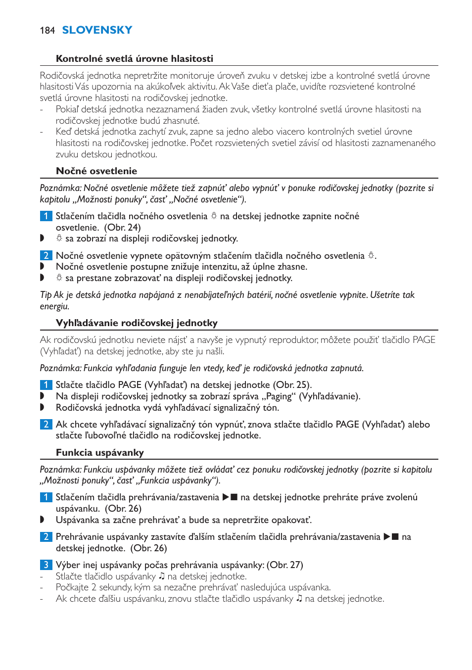 Kontrolné svetlá úrovne hlasitosti, Nočné osvetlenie, Vyhľadávanie rodičovskej jednotky | Funkcia uspávanky | Philips SCD520 User Manual | Page 184 / 240