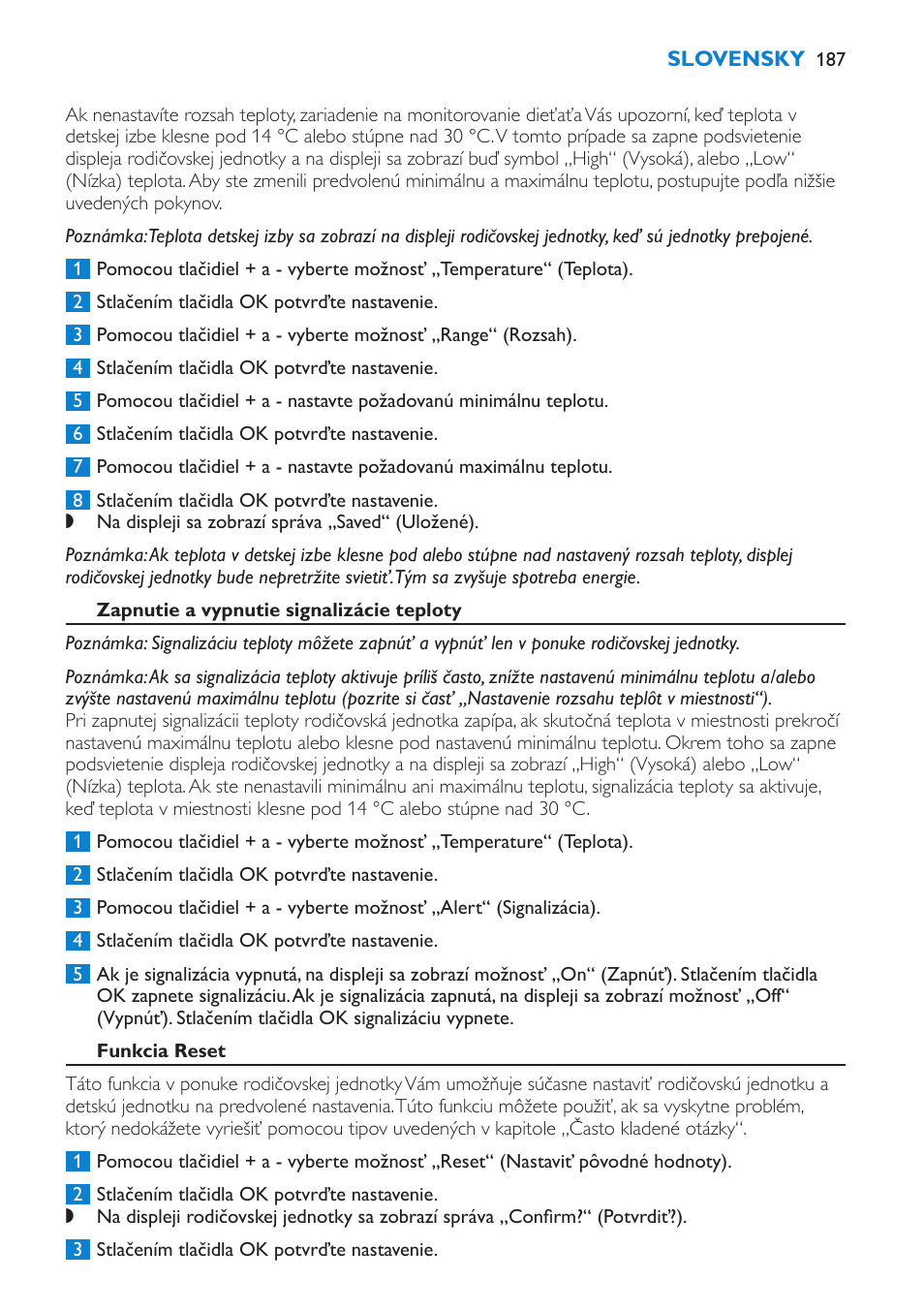 Zapnutie a vypnutie signalizácie teploty, Funkcia reset | Philips SCD520 User Manual | Page 187 / 240