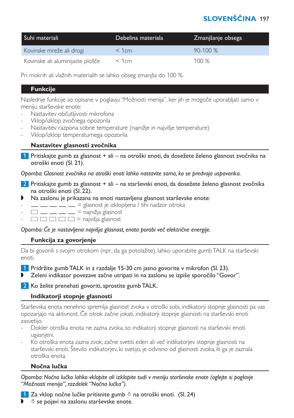 Funkcije, Nastavitev glasnosti zvočnika, Funkcija za govorjenje | Indikatorji stopnje glasnosti, Nočna lučka | Philips SCD520 User Manual | Page 197 / 240