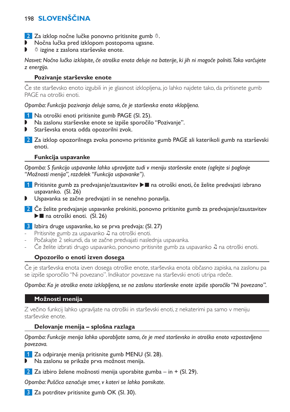 Pozivanje starševske enote, Funkcija uspavanke, Opozorilo o enoti izven dosega | Možnosti menija, Delovanje menija – splošna razlaga | Philips SCD520 User Manual | Page 198 / 240