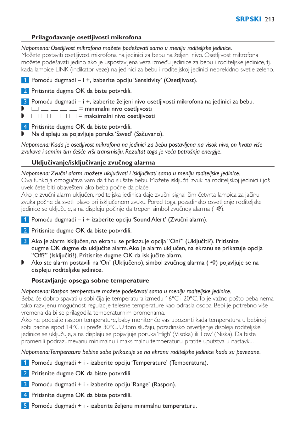 Prilagođavanje osetljivosti mikrofona, Uključivanje/isključivanje zvučnog alarma, Postavljanje opsega sobne temperature | Philips SCD520 User Manual | Page 213 / 240