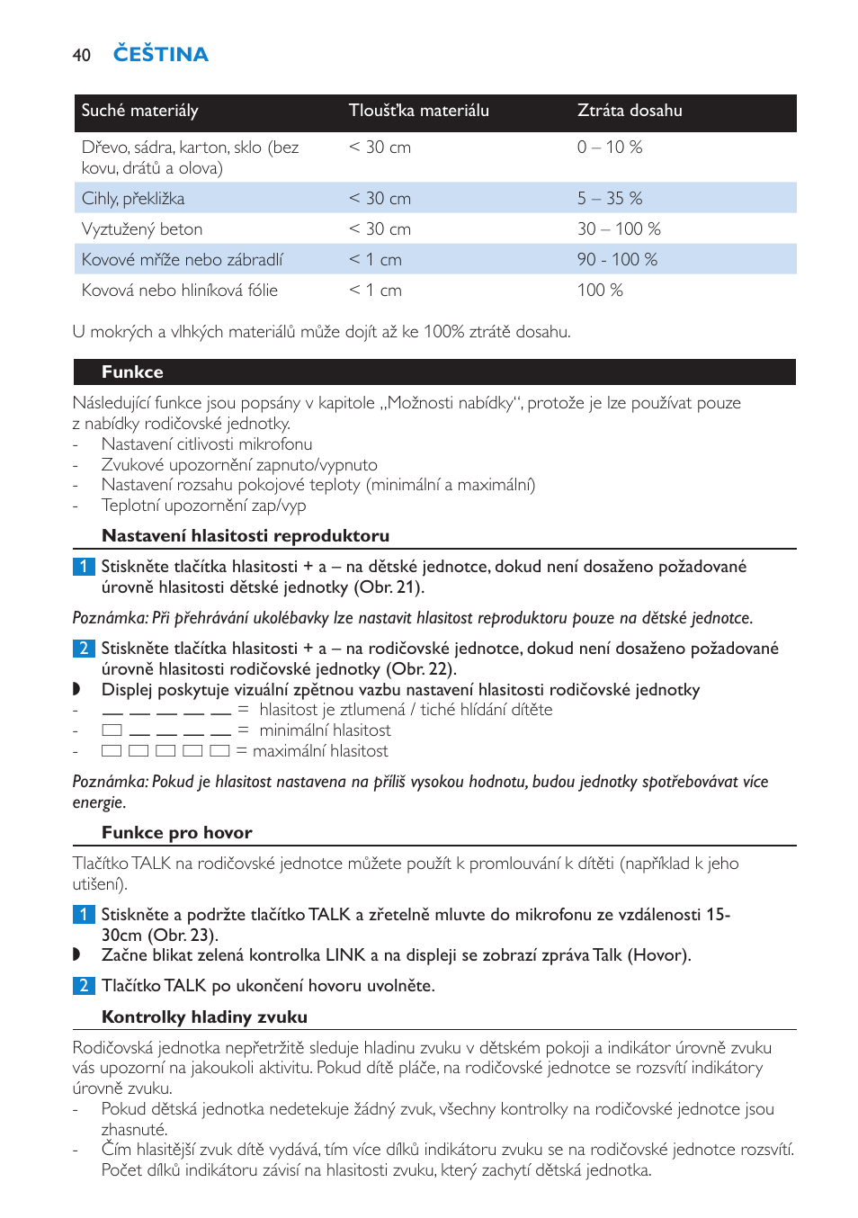 Funkce, Nastavení hlasitosti reproduktoru, Funkce pro hovor | Kontrolky hladiny zvuku | Philips SCD520 User Manual | Page 40 / 240