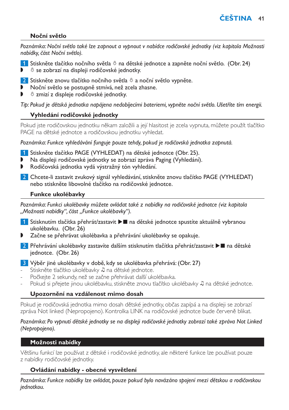 Noční světlo, Vyhledání rodičovské jednotky, Funkce ukolébavky | Upozornění na vzdálenost mimo dosah, Možnosti nabídky, Ovládání nabídky - obecné vysvětlení | Philips SCD520 User Manual | Page 41 / 240
