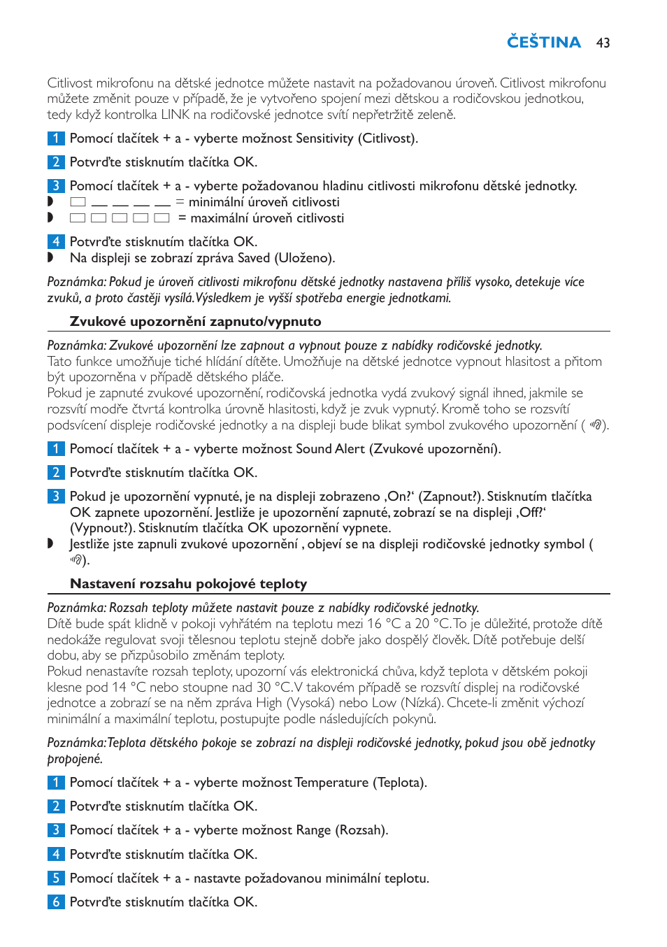 Zvukové upozornění zapnuto/vypnuto, Nastavení rozsahu pokojové teploty | Philips SCD520 User Manual | Page 43 / 240