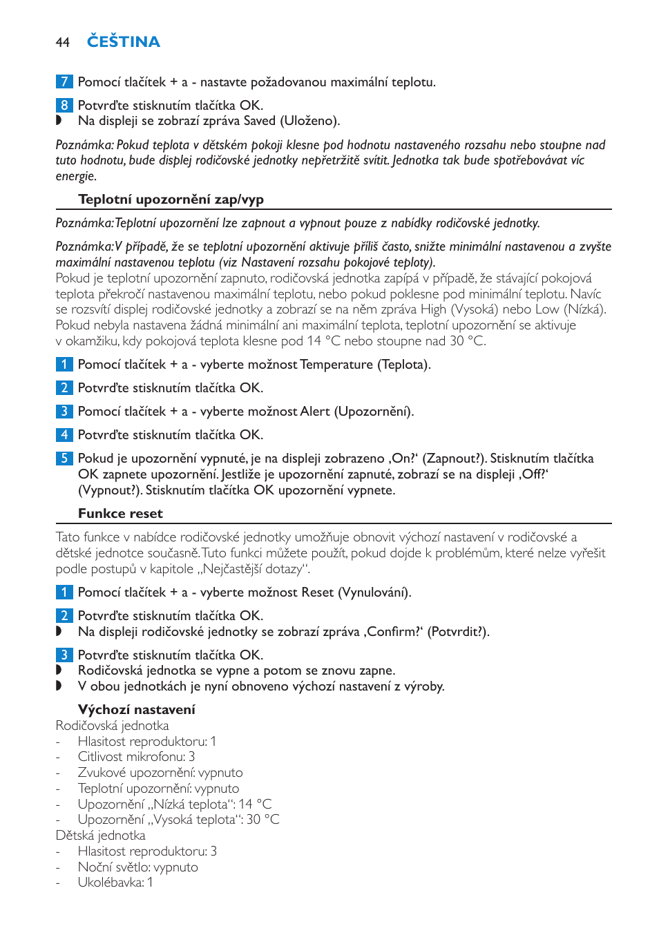 Teplotní upozornění zap/vyp, Funkce reset, Výchozí nastavení | Philips SCD520 User Manual | Page 44 / 240