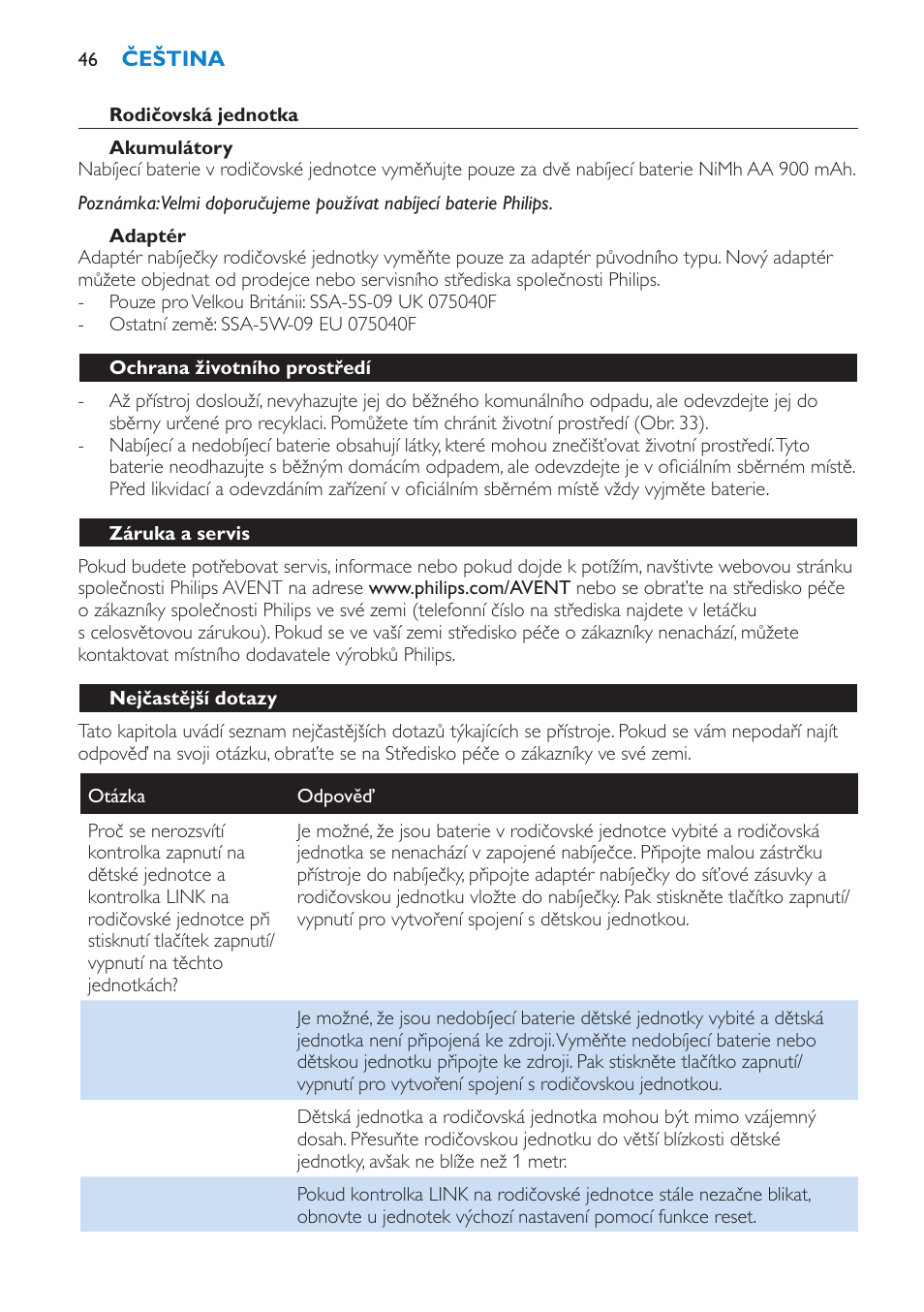 Rodičovská jednotka, Akumulátory, Adaptér | Ochrana životního prostředí, Záruka a servis, Nejčastější dotazy | Philips SCD520 User Manual | Page 46 / 240