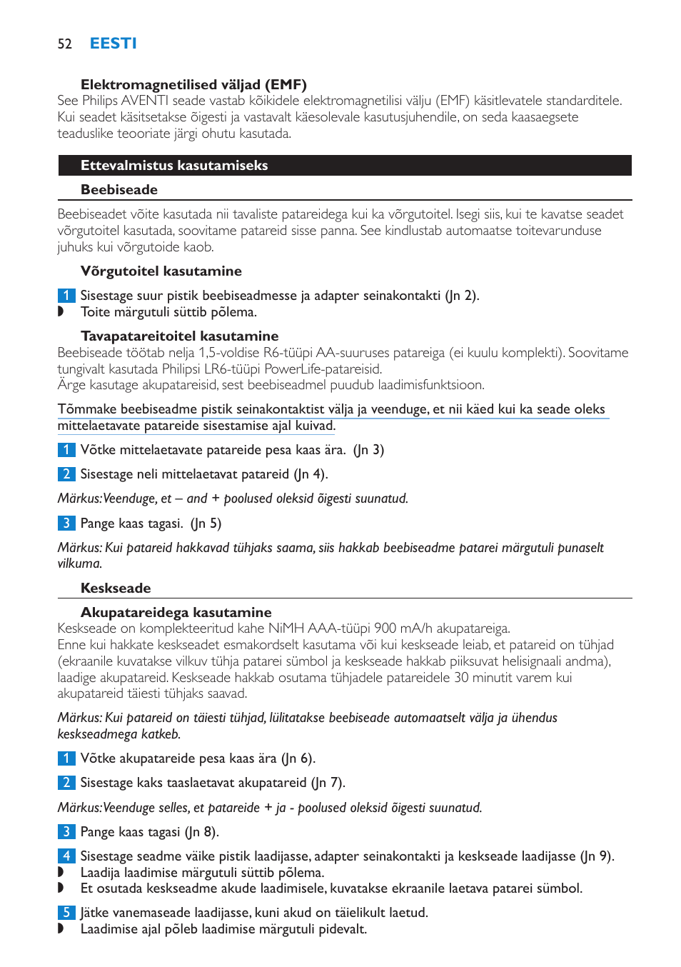 Elektromagnetilised väljad (emf), Ettevalmistus kasutamiseks, Beebiseade | Võrgutoitel kasutamine, Tavapatareitoitel kasutamine, Keskseade, Akupatareidega kasutamine | Philips SCD520 User Manual | Page 52 / 240