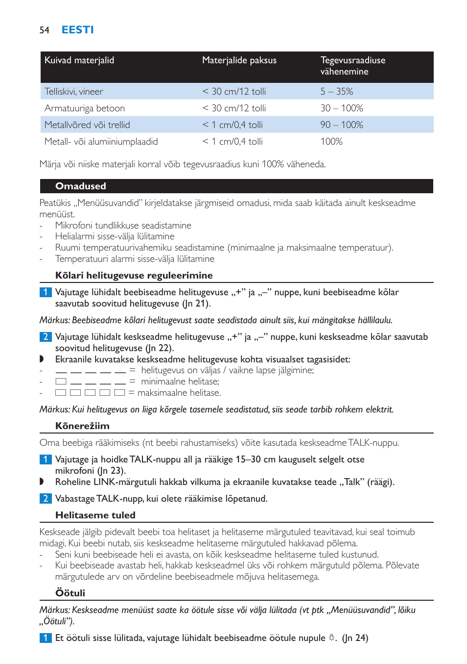 Omadused, Kõlari helitugevuse reguleerimine, Kõnerežiim | Helitaseme tuled, Öötuli | Philips SCD520 User Manual | Page 54 / 240