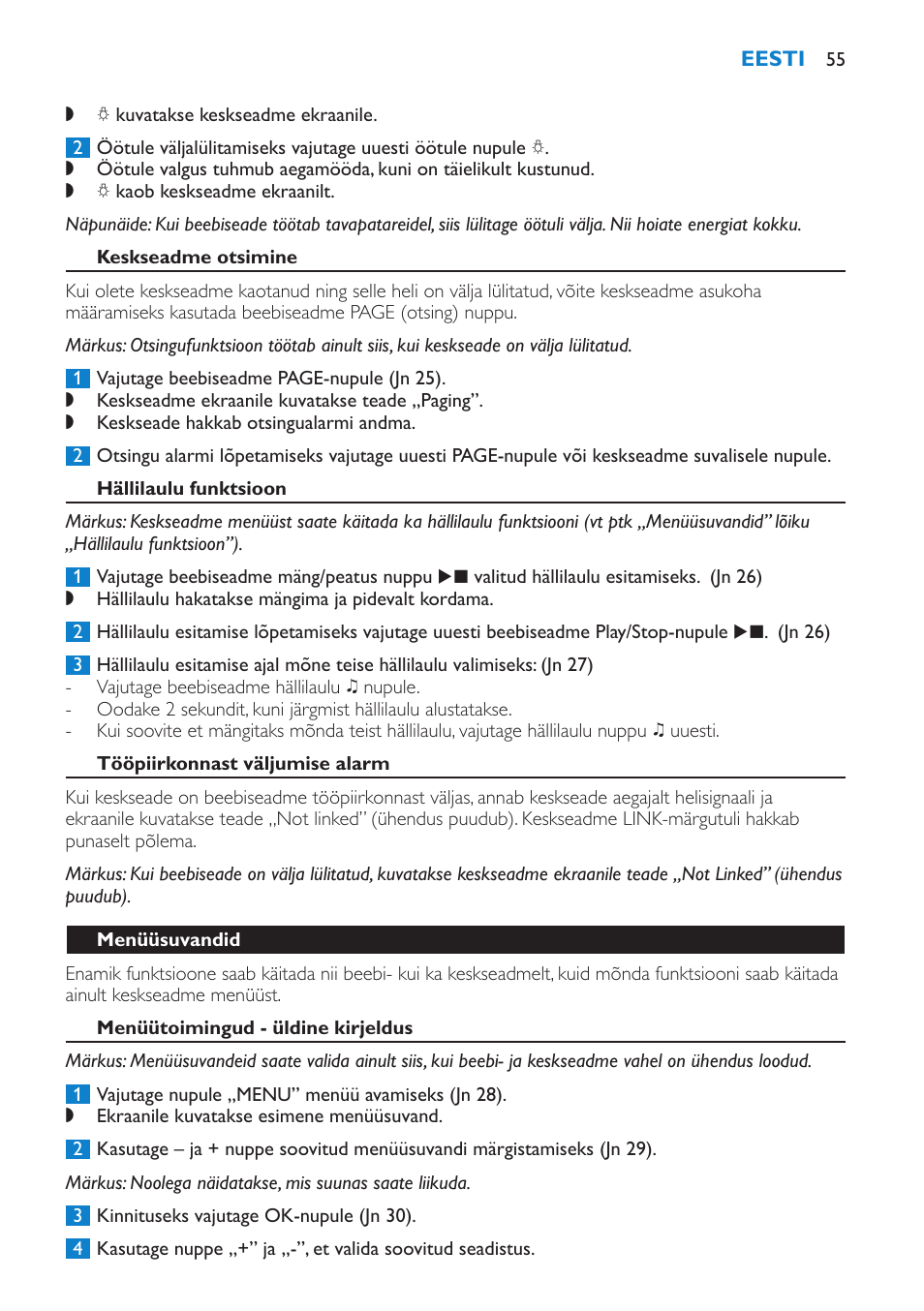 Keskseadme otsimine, Hällilaulu funktsioon, Tööpiirkonnast väljumise alarm | Menüüsuvandid, Menüütoimingud - üldine kirjeldus | Philips SCD520 User Manual | Page 55 / 240