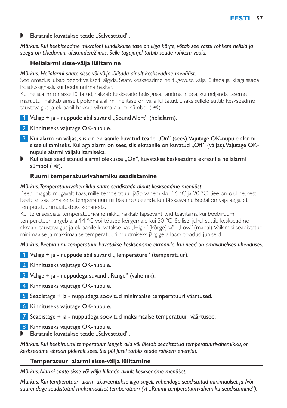 Helialarmi sisse-välja lülitamine, Ruumi temperatuurivahemiku seadistamine, Temperatuuri alarmi sisse-välja lülitamine | Philips SCD520 User Manual | Page 57 / 240