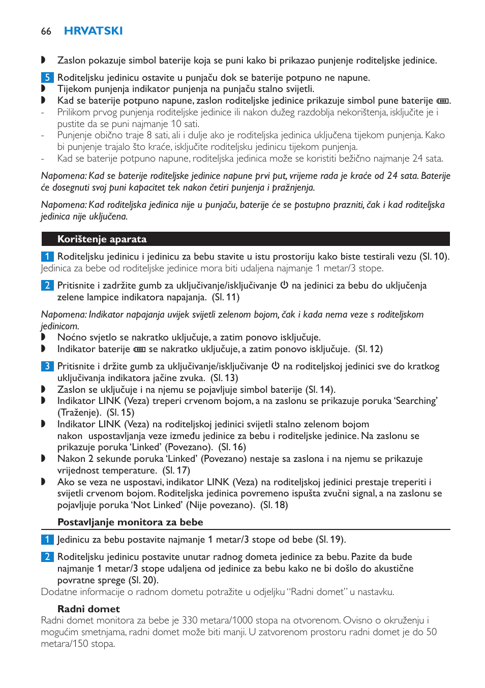 Korištenje aparata, Postavljanje monitora za bebe, Radni domet | Philips SCD520 User Manual | Page 66 / 240