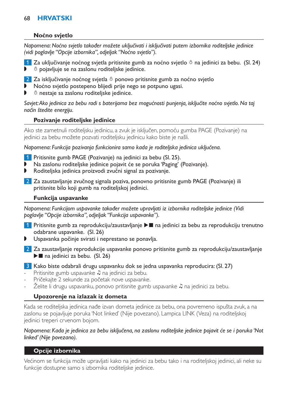 Noćno svjetlo, Pozivanje roditeljske jedinice, Funkcija uspavanke | Upozorenje na izlazak iz dometa, Opcije izbornika | Philips SCD520 User Manual | Page 68 / 240