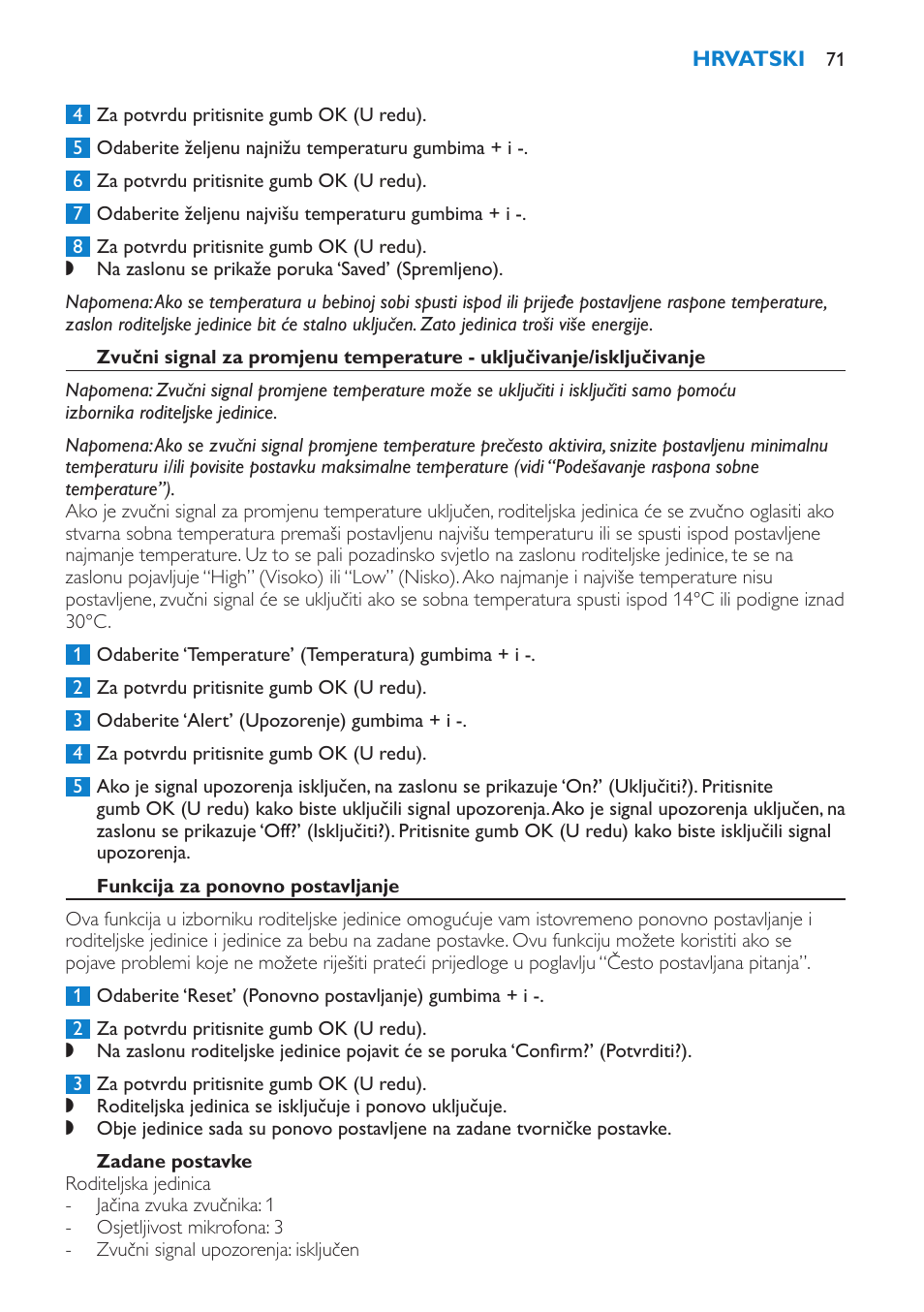 Funkcija za ponovno postavljanje, Zadane postavke | Philips SCD520 User Manual | Page 71 / 240