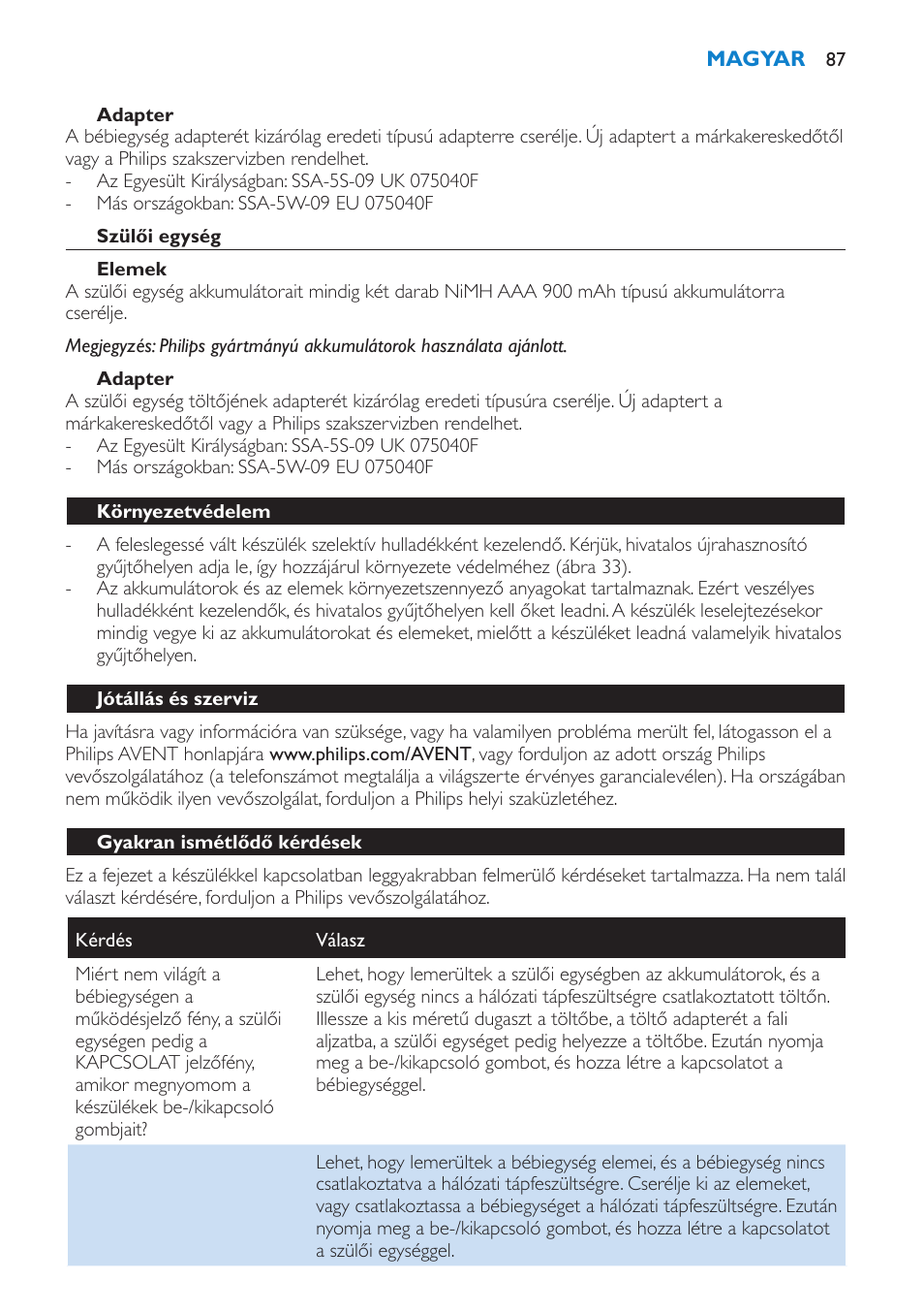 Adapter, Szülői egység, Elemek | Környezetvédelem, Jótállás és szerviz, Gyakran ismétlődő kérdések | Philips SCD520 User Manual | Page 87 / 240