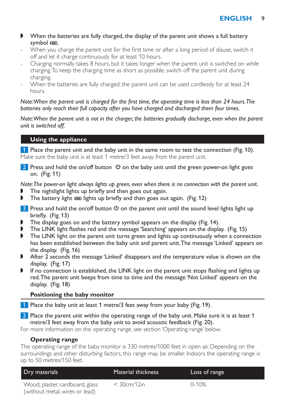 Using the appliance, Positioning the baby monitor, Operating range | Philips SCD520 User Manual | Page 9 / 240