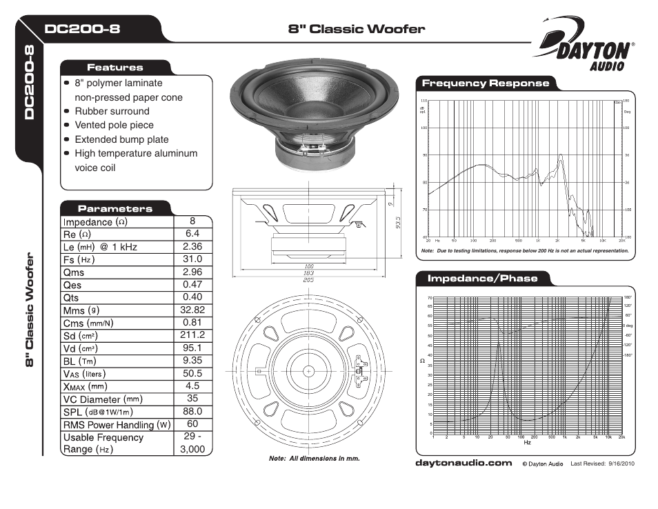 Dayton Audio DC200-8 8" Classic Woofer 8 Ohm User Manual | 1 page
