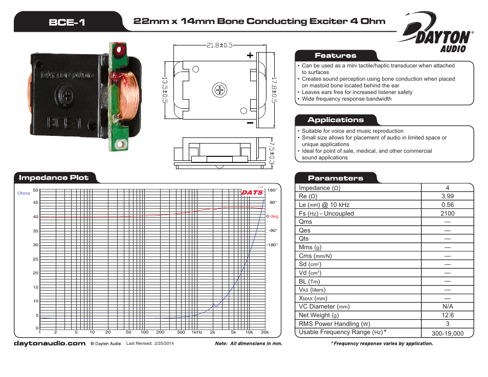 Dayton Audio BCE-1 22 x 14mm Bone Conducting Exciter User Manual | 1 page