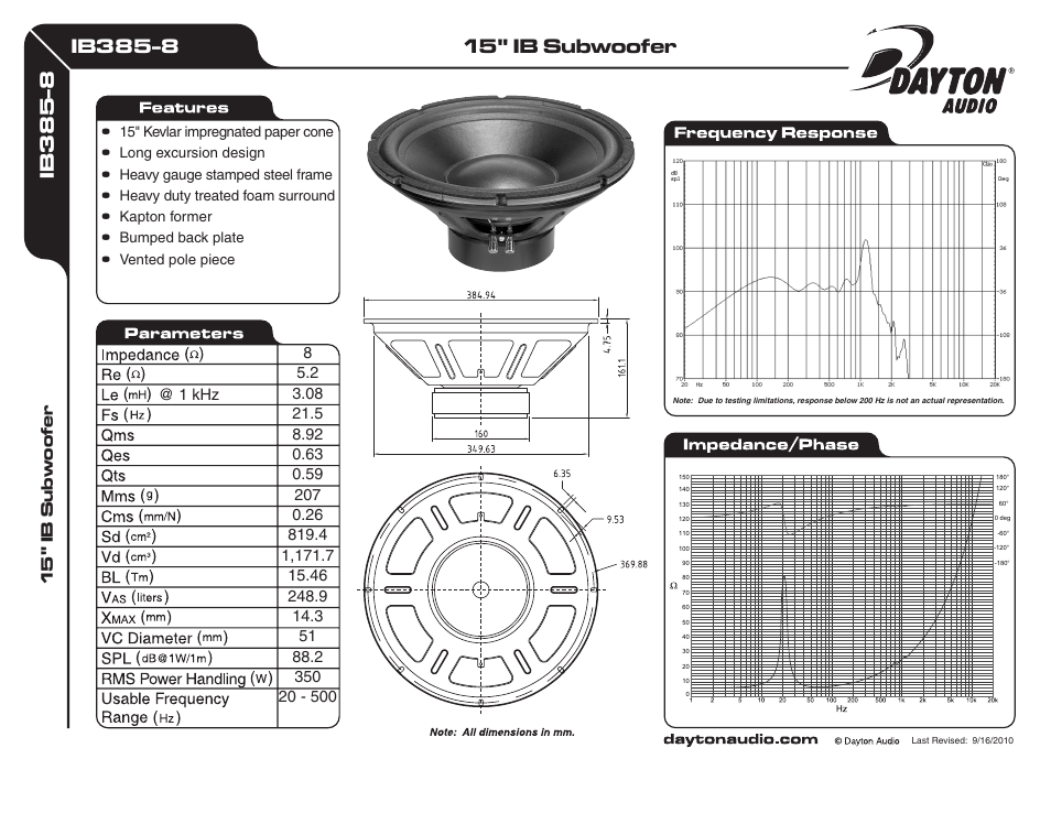 Dayton Audio IB385-8 15" Infinite Baffle Subwoofer User Manual | 1 page