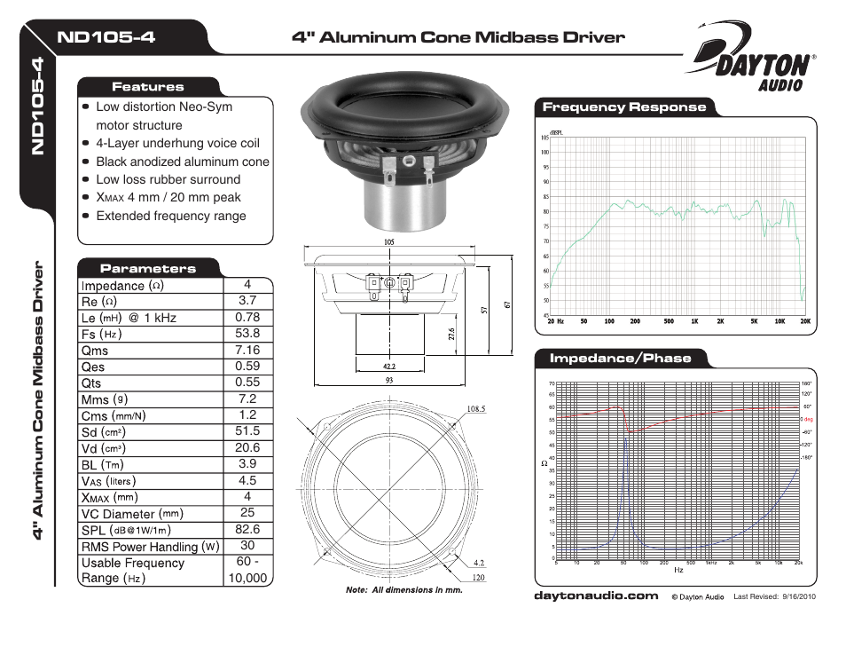 Dayton Audio ND105-4 4" Aluminum Cone Midbass Driver 4 Ohm User Manual | 1 page