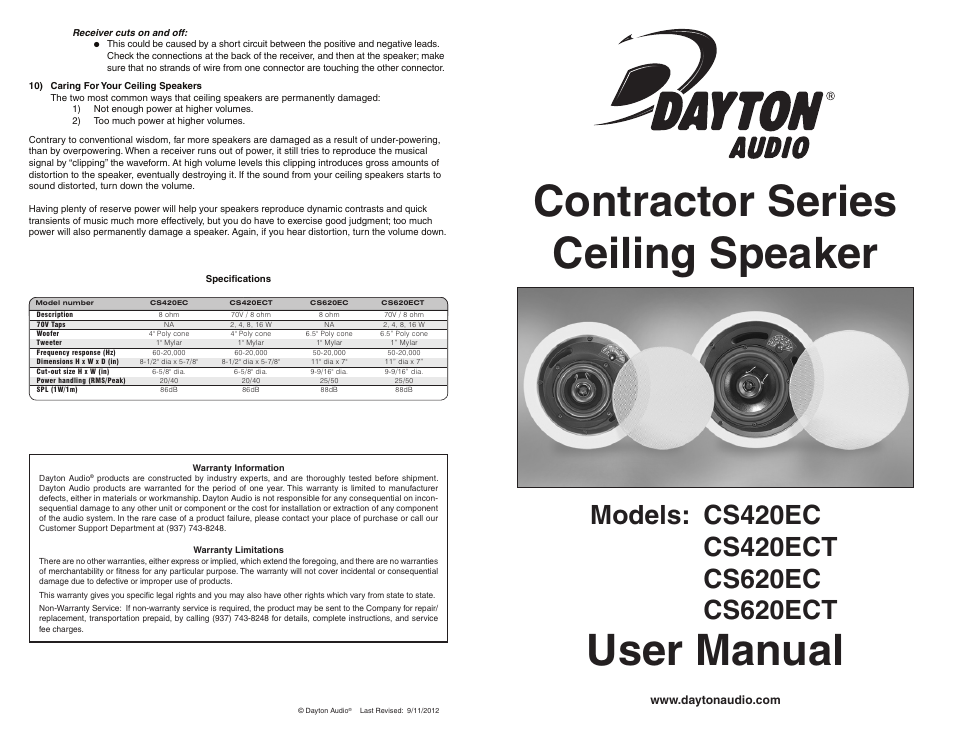 Dayton Audio CS420ECT 4" 2-Way Enclosed Ceiling Speaker 70V User Manual | 2 pages