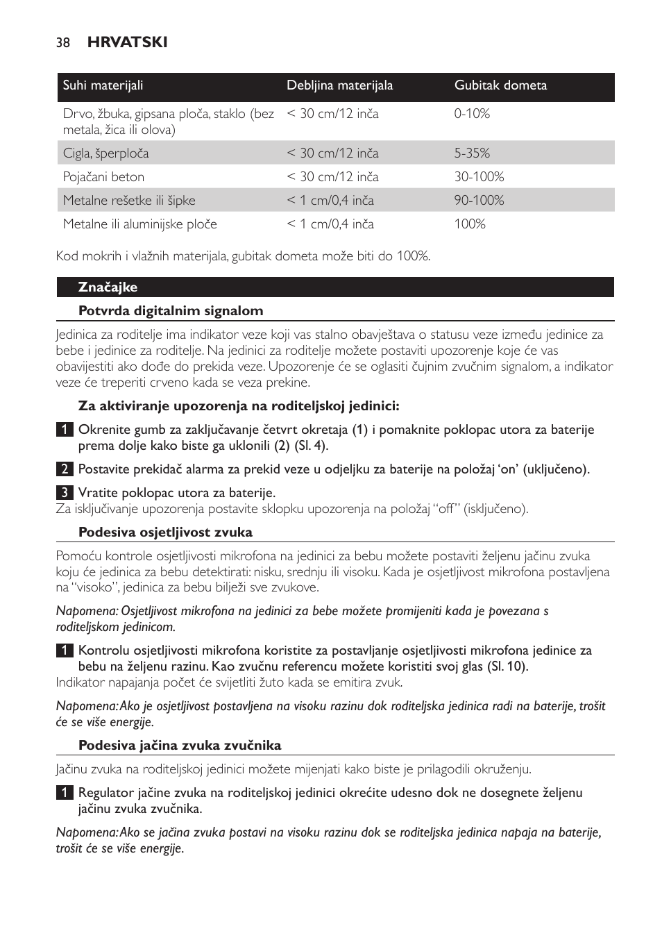 Značajke, Potvrda digitalnim signalom, Za aktiviranje upozorenja na roditeljskoj jedinici | Podesiva osjetljivost zvuka, Podesiva jačina zvuka zvučnika | Philips SCD480 User Manual | Page 38 / 132