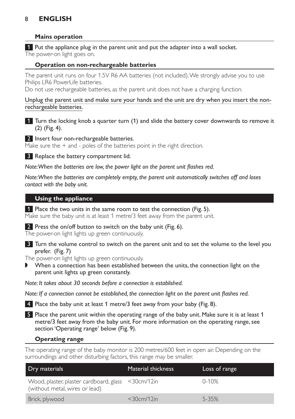 Mains operation, Operation on non-rechargeable batteries, Using the appliance | Operating range | Philips SCD480 User Manual | Page 8 / 132